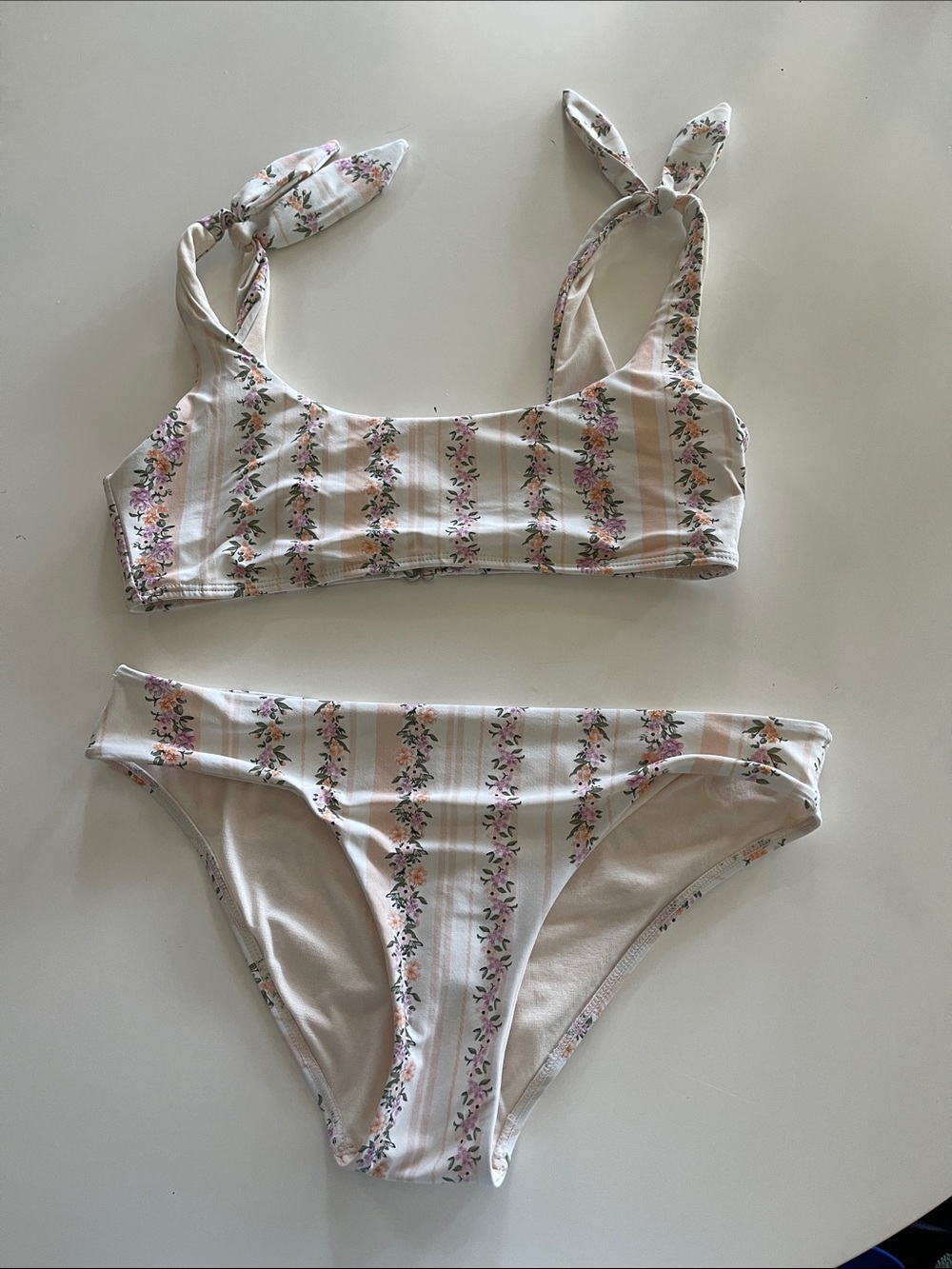 GB Floral Stripe Tie-Shoulder Bikini Set - Pink & Cream
